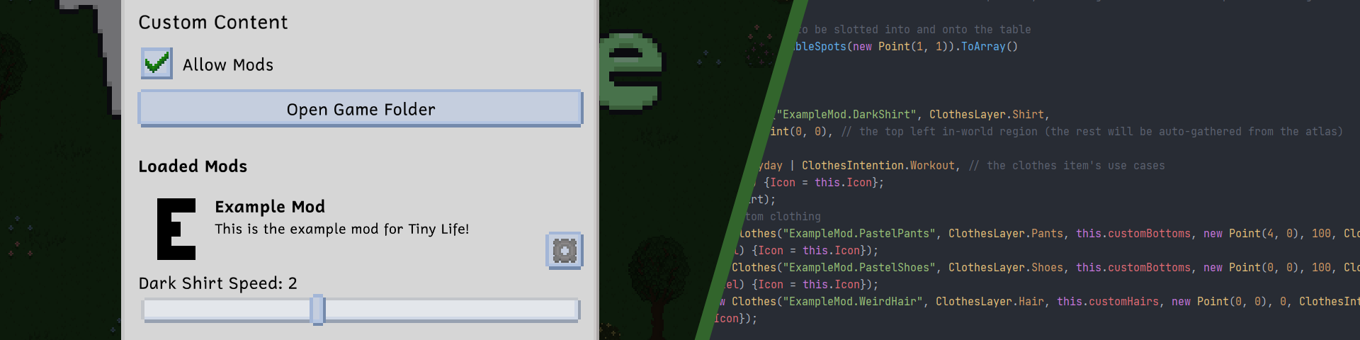 A split banner showing the game's custom content menu with the Example Mod installed, as well as a part of the Example Mod's code
